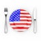 American Food or Cuisine Concept. Fork, Knife and Plate with USA Flag. 3d Rendering