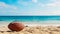 American Football Ball On The Beach Background. With Copyspace