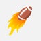 American Football ball in fire flame. Rugby fireball cartoon icon. Fast ball logo in motion isolated