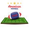 American football ball with flag on field. Rugby background