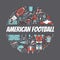 American football banner with line icons of ball, field, player,