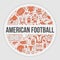 American football banner with line icons of ball, field, player, whistle, helmet