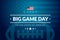 American football championship big game sunday card - USA flag, american football ball, stars and stripes patriotic blue