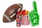 American football concept. Fan glove, air horn and popcorn container. 3D rendering