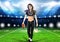 American football female player walking on the field