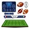 American Football field with scoreboard, balls. Set of Rugby infographic elements