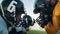 American Football Game Start Teams Ready: Close-up Portrait of Two Professional Players, Aggressive