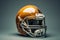 American football helmet on a gray background. 3d rendering toned image, looking down on sports equipment, american football