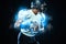 American football player in helmet with ball in hands. Fire background. Team sports. Sport wallpaper.