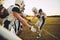 American football player low fiving his teammates after a game