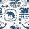 American football seamless pattern, background. Vector. Seamless sport pattern with bull, sportsman player, helmet, ball