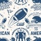 American football seamless pattern, background. Vector. Seamless sport pattern with bull, sportsman player, helmet, ball