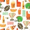 American Football seamless vector pattern. Super Bowl, Helmet, trophy, beer, foam finger, fast food, go and touch down lettering.