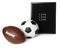 American football and soccer ball near letter board with words Love on white background