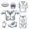American football sports equipment. Vector sketch illustration. Ball, helmet, uniform t-shirt and protection gear icons