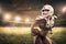 American football woman player holding ball on the stadium Panorama view