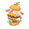 American hamburger fly. Delicious burger with meat float. Tempting cheeseburger with bacon. Levitation of ingredients