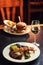 American hamburger with glass of beer or wine in restaurant, beer, hamburger, wine and other american specialites
