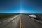 American highway horizon, lonely road and field.