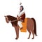 American Indian man wearing ethnic clothes sitting on horse. Horseman or horseback rider. Indigenous peoples of America