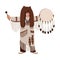 American Indian wearing bearskin and ethnic clothes beating his drum and calling spirits. Shaman priest or medicine man