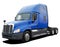 American modern Freightliner Cascadia tractor with blue cab.