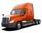 American modern Freightliner Cascadia tractor with orange cab.