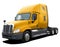 American modern Freightliner Cascadia tractor with yellow cab.