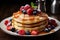 American morning breakfast with pancakes, fresh blueberry, raspberry and maple syrup. High quality illustration. AI