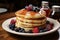 American morning breakfast with pancakes, fresh blueberry, raspberry and maple syrup. High quality illustration. AI