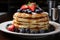 American morning breakfast with pancakes, fresh blueberry, strawberry and maple syrup. High quality illustration. AI