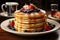 American morning breakfast with pancakes, fresh blueberry, strawberry and maple syrup. High quality illustration. AI