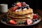 American morning breakfast with pancakes, fresh blueberry, strawberry and maple syrup. High quality illustration. AI