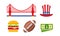 American national symbols, Golden Gate bridge, Uncle Sam hat, burger, American football ball, dollar bill vector