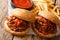 American nourishing sandwiches Sloppy Joe and french fries, ketchup closeup. horizontal