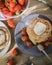 American pancakes with greek yogurt, honey and sweet red strawberries