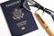 American Passport With Reading Glasses And Orange Fountain Pen