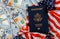 American passports on top of American flag in the US currency American dollar