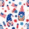 American patriotic gnomes holding flowers, crackers, US flags. Vector seamless pattern