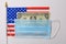 American patriotic little flag, dollars and medical surgical mask, background