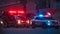 American Police Car and Emergency truck with Blue and red lights. US Paramedic Fire Rescue resuscitation help. Investigation Crime