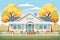 american ranch-style house with iconic white shutters, magazine style illustration