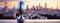 American Super Bowl Football Trophy Overlooking Urban Skyline at Twilight. A football trophy sits before a blurred