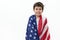 American teenage boy with USA flag. Citizenship, immigration, emigration, winning green card lottery and freedom concept