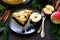 American tradition apple pie with apples, blueberry and cinnamon decorated apple leaves