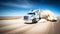 An american truck runs fast in the desert raising a cloud of sand, illustration ai generative