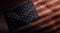 American USA Flag printed on Dark Grunge Burlap Sack , Closeup s