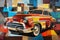 American vintage 1950s classic car in an abstract Cubist style painting