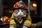 American Wirehair Cat Dressed As A Fireman At Work