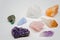 Amethyst, agate, aventurine, clear quartz, citrine, calcite and rose quartz